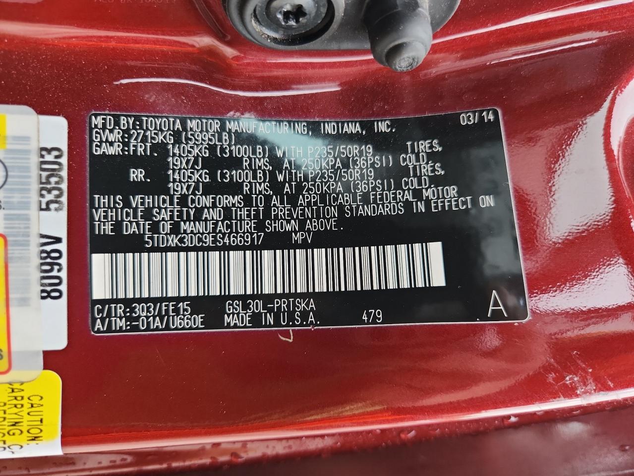 2014 Toyota Sienna Sport VIN: 5TDXK3DC9ES466917 Lot: 86276665