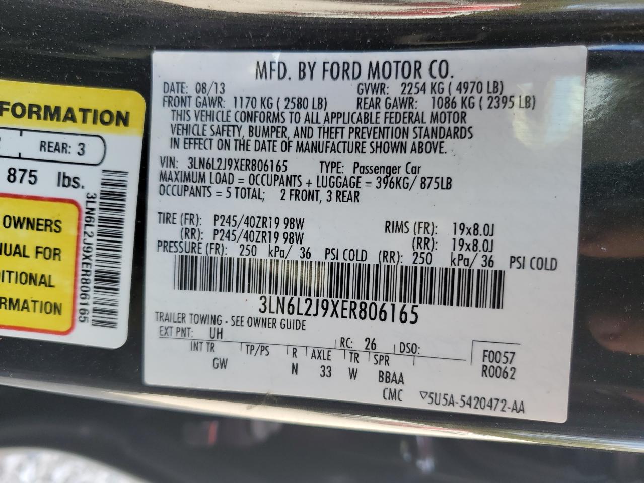 2014 Lincoln Mkz VIN: 3LN6L2J9XER806165 Lot: 86900075