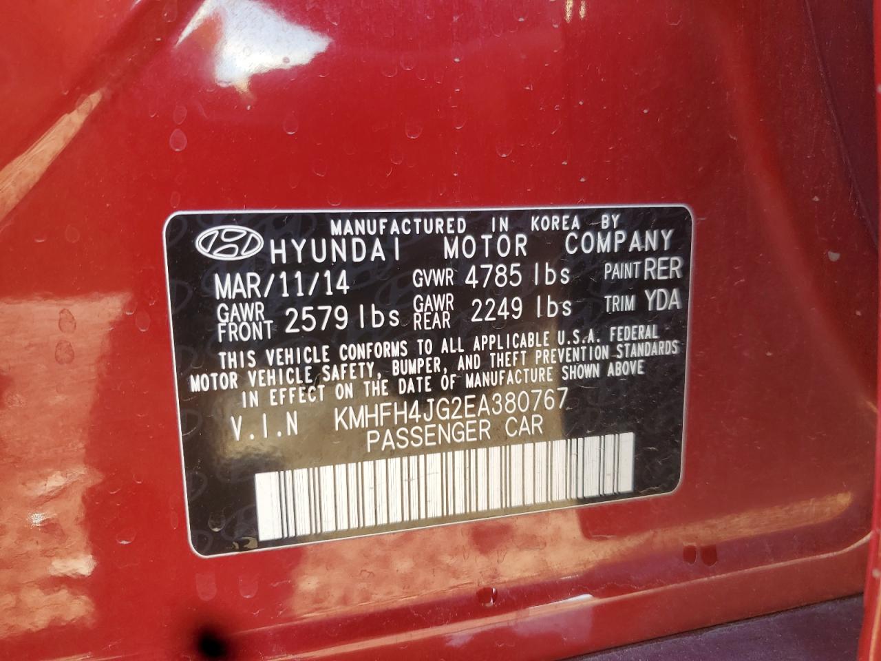 2014 Hyundai Azera Gls VIN: KMHFH4JG2EA380767 Lot: 90373075