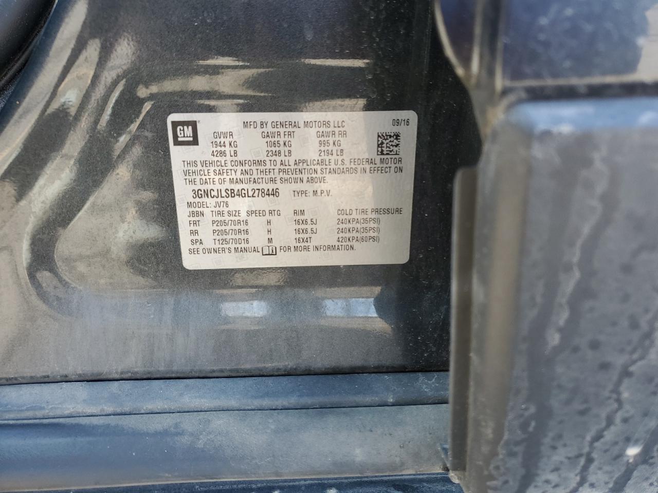 2016 Chevrolet Trax 1Lt VIN: 3GNCJLSB4GL278446 Lot: 84972295