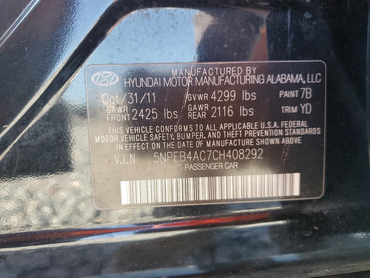 2012 Hyundai Sonata Gls VIN: 5NPEB4AC7CH408292 Lot: 85358475