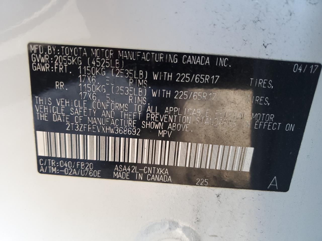 2017 Toyota Rav4 Le VIN: 2T3ZFREVXHW368692 Lot: 84732515