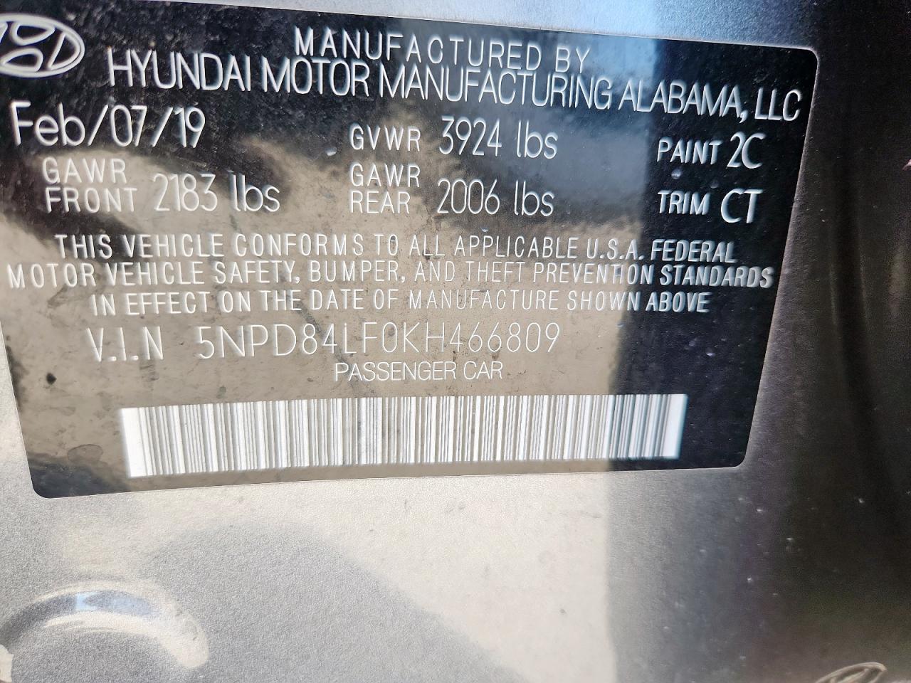 2019 Hyundai Elantra Sel VIN: 5NPD84LF0KH466809 Lot: 86179455