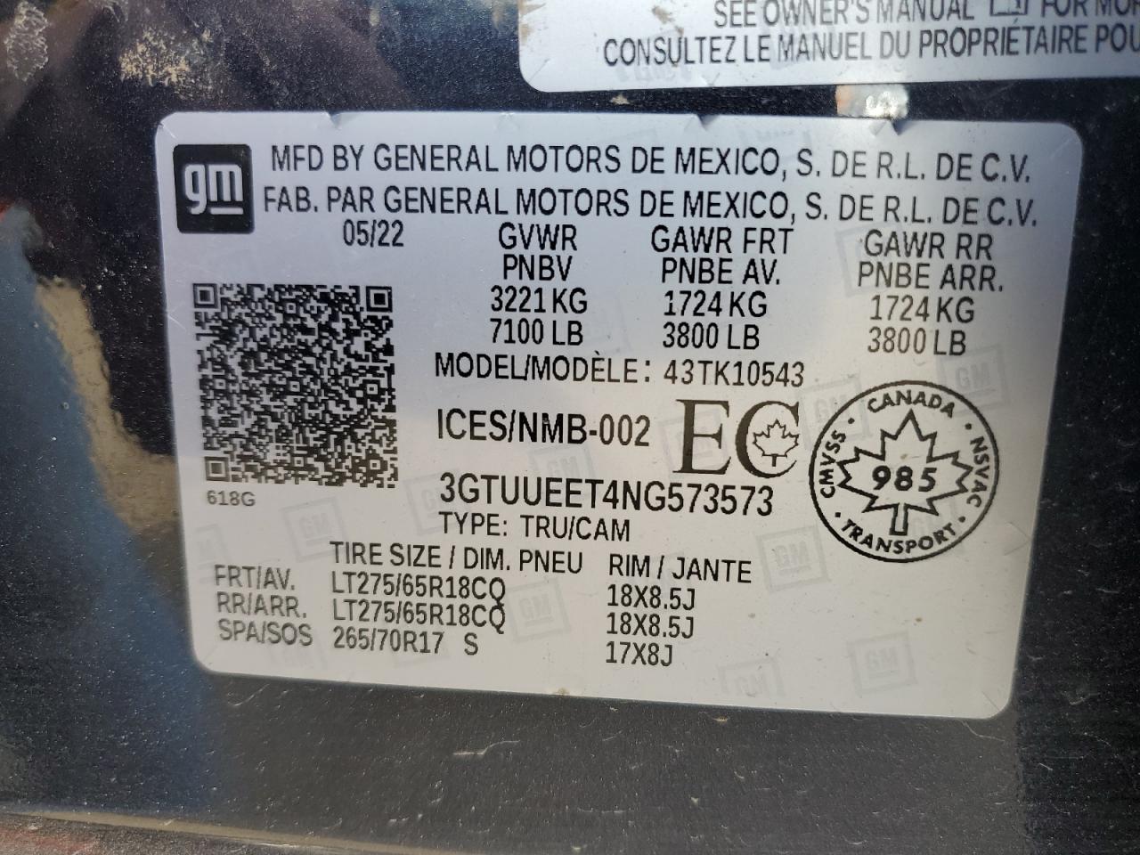 2022 GMC Sierra K1500 At4 VIN: 3GTUUEET4NG573573 Lot: 85562095