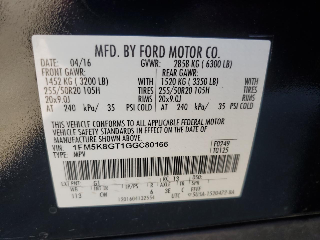 2016 Ford Explorer Sport VIN: 1FM5K8GT1GGC80166 Lot: 84459085