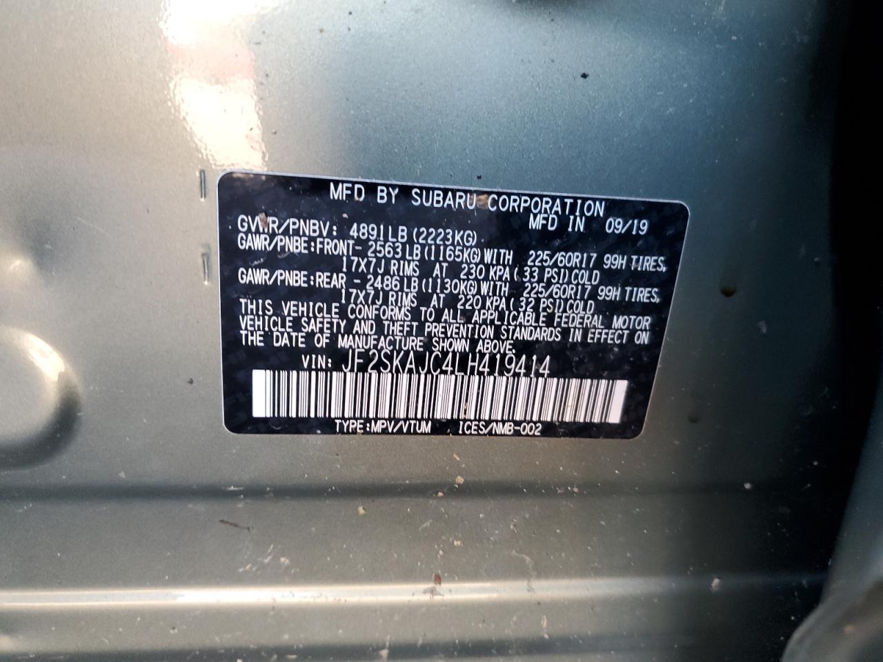 2020 Subaru Forester Premium VIN: JF2SKAJC4LH419414 Lot: 86699355