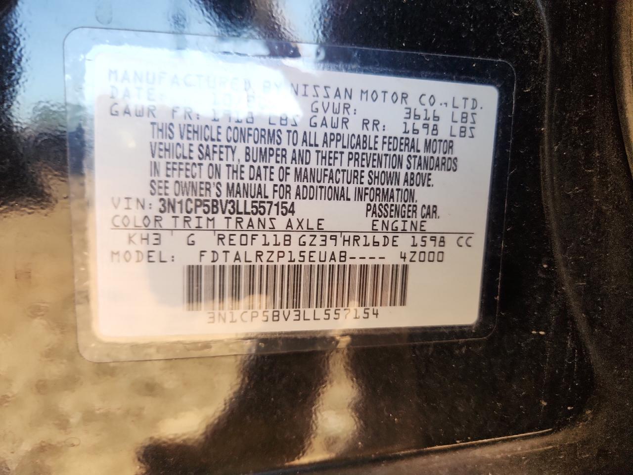 2020 Nissan Kicks S VIN: 3N1CP5BV3LL557154 Lot: 81987135