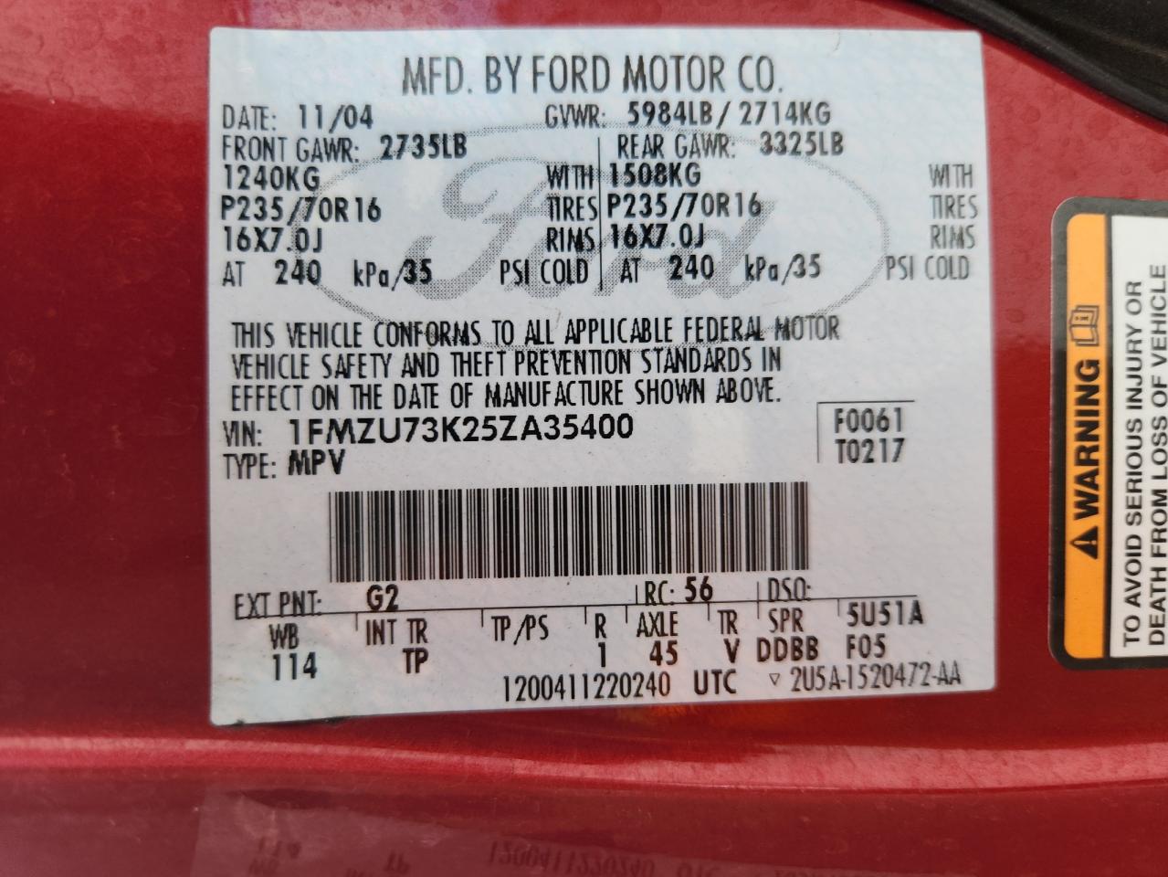 2005 Ford Explorer Xlt VIN: 1FMZU73K25ZA35400 Lot: 85920495