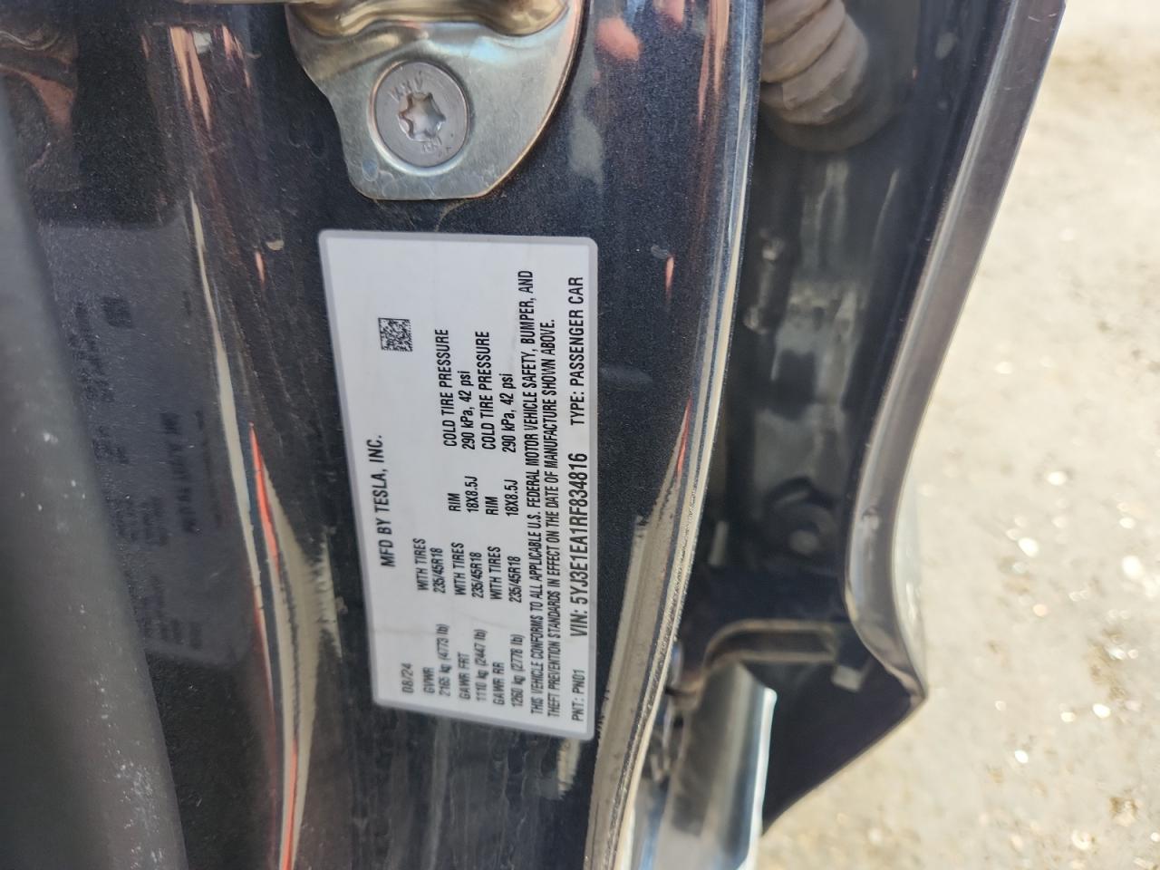 2024 Tesla Model 3 VIN: 5YJ3E1EA1RF834816 Lot: 86671725