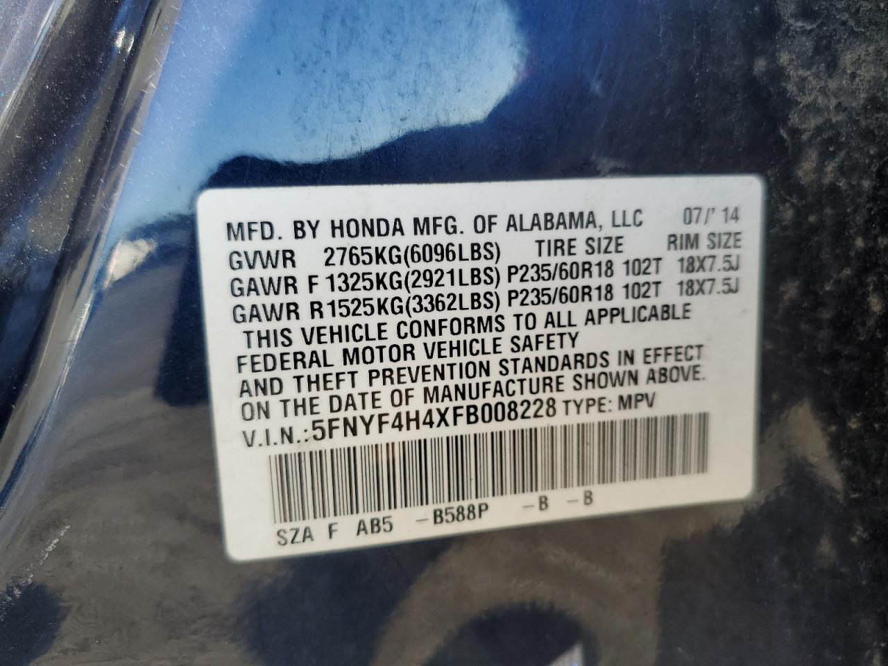 2015 Honda Pilot Ex VIN: 5FNYF4H4XFB008228 Lot: 85479565