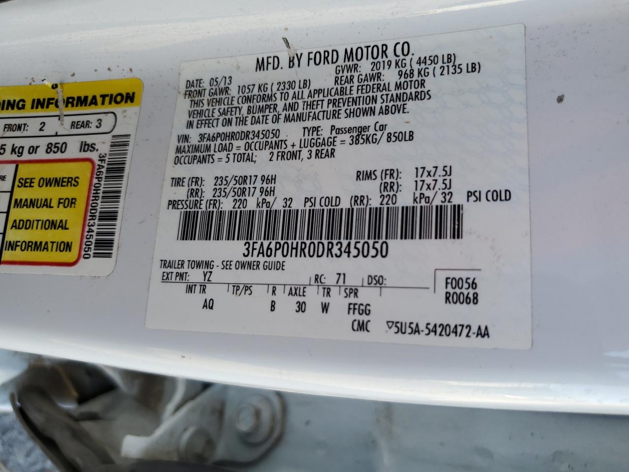 2013 Ford Fusion Se VIN: 3FA6P0HR0DR345050 Lot: 85550055