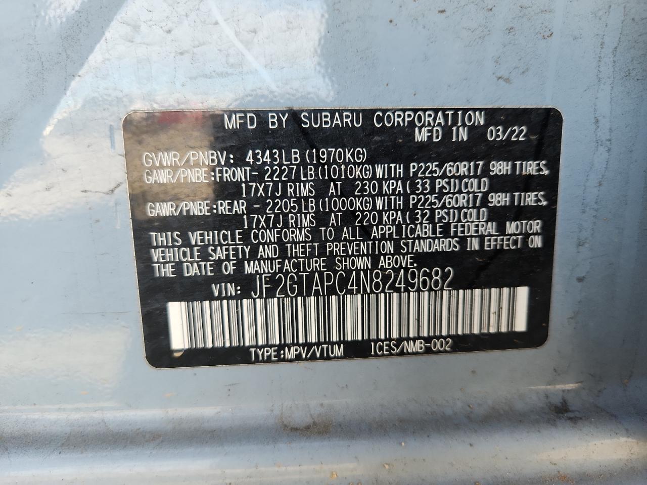 2022 Subaru Crosstrek Premium VIN: JF2GTAPC4N8249682 Lot: 84928525