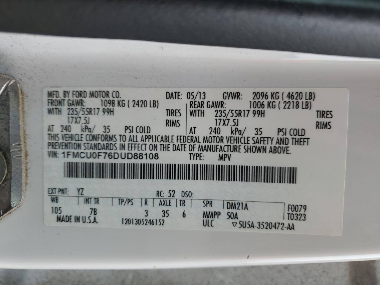 2013 Ford Escape S VIN: 1FMCU0F76DUD88108 Lot: 86180435
