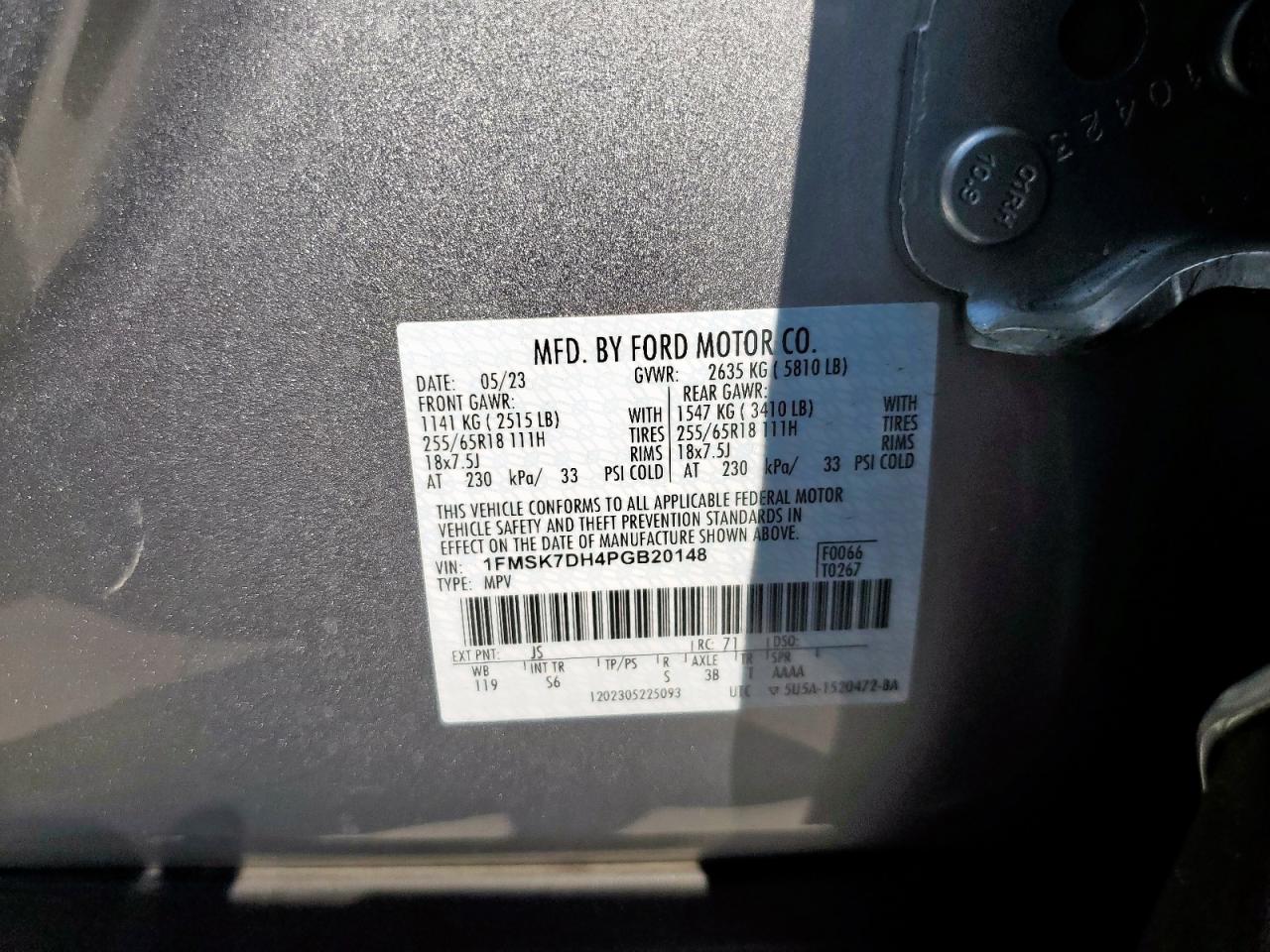 2023 Ford Explorer Xlt VIN: 1FMSK7DH4PGB20148 Lot: 85940845