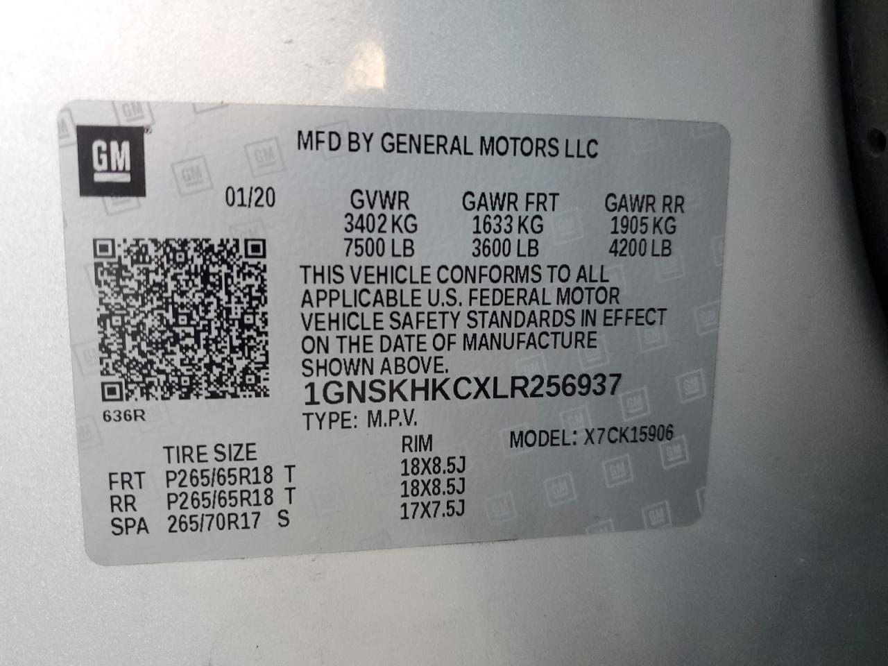 2020 Chevrolet Suburban K1500 Lt VIN: 1GNSKHKCXLR256937 Lot: 82326655