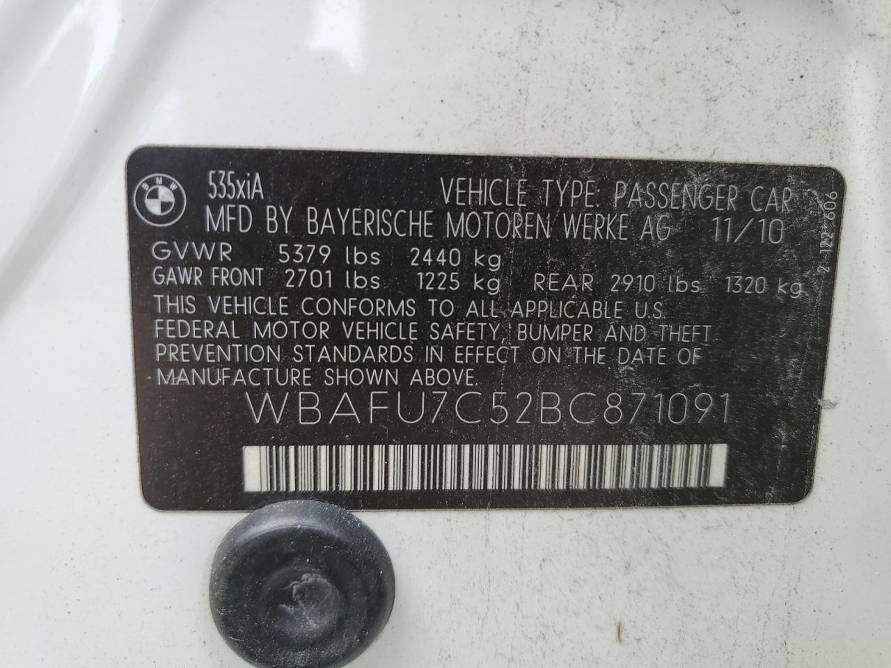 2011 BMW 535 Xi VIN: WBAFU7C52BC871091 Lot: 86479845