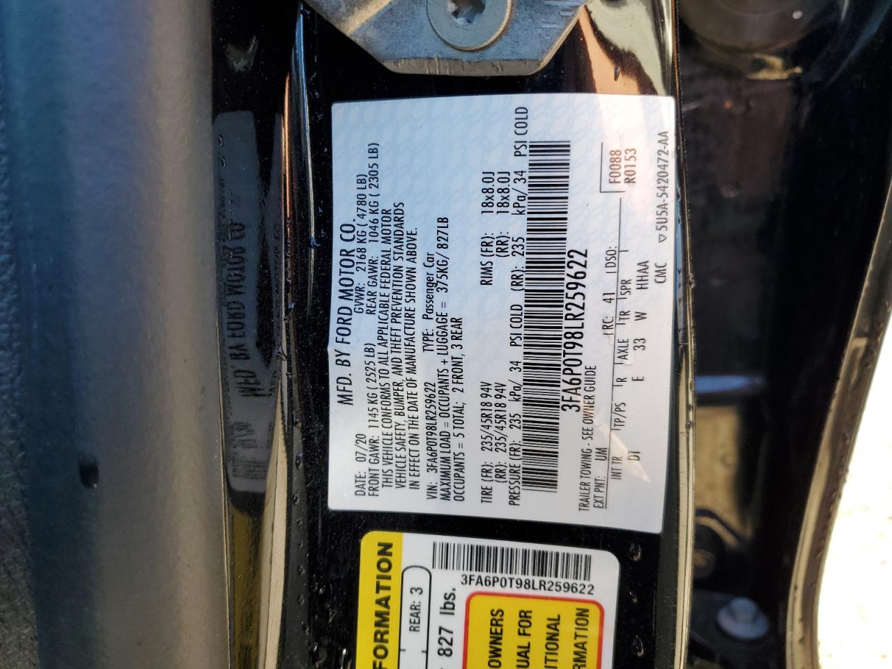 2020 Ford Fusion Se VIN: 3FA6P0T98LR259622 Lot: 85570425