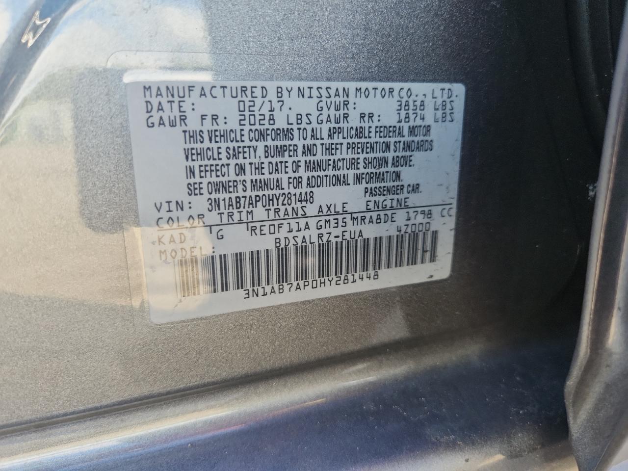 2017 Nissan Sentra S VIN: 3N1AB7AP0HY281448 Lot: 85180055