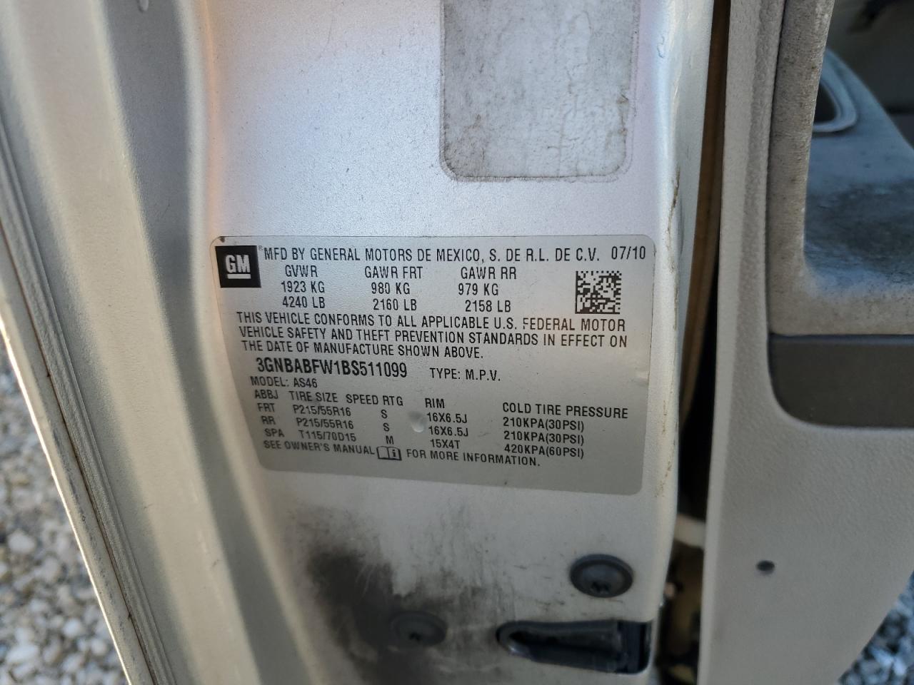 2011 Chevrolet Hhr Lt VIN: 3GNBABFW1BS511099 Lot: 87382915