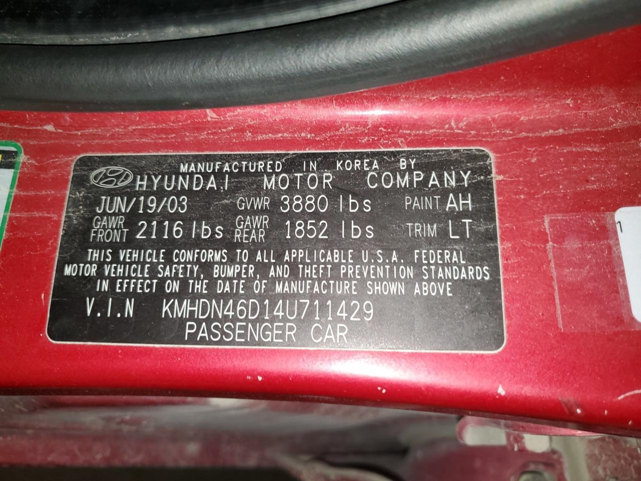 2004 Hyundai Elantra Gls VIN: KMHDN46D14U711429 Lot: 85075885
