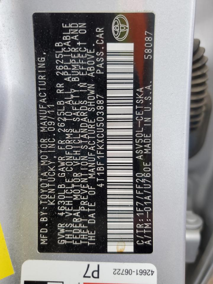 2012 Toyota Camry Base VIN: 4T1BF1FKXCU503887 Lot: 85533045