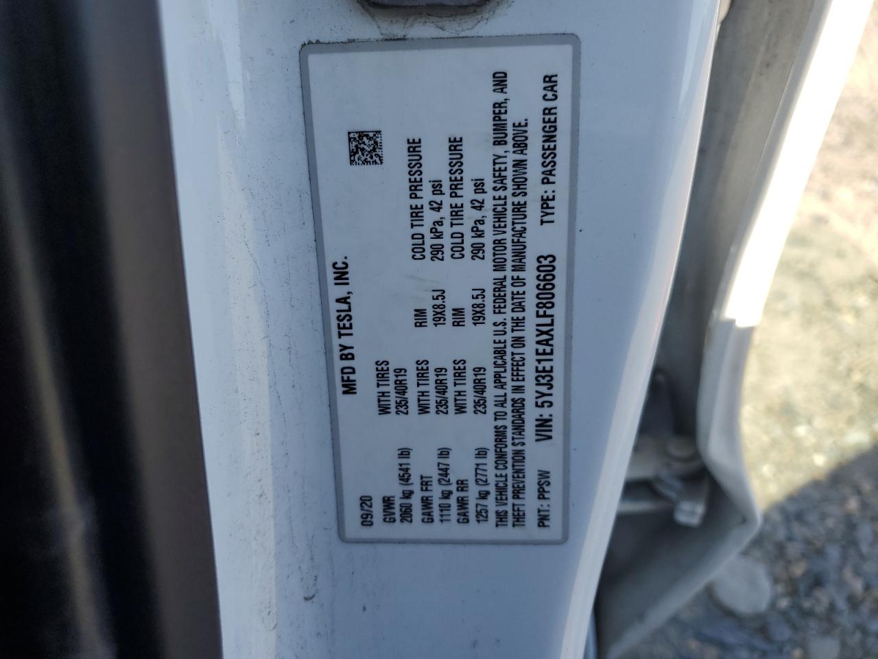 2020 Tesla Model 3 VIN: 5YJ3E1EAXLF806603 Lot: 87305155