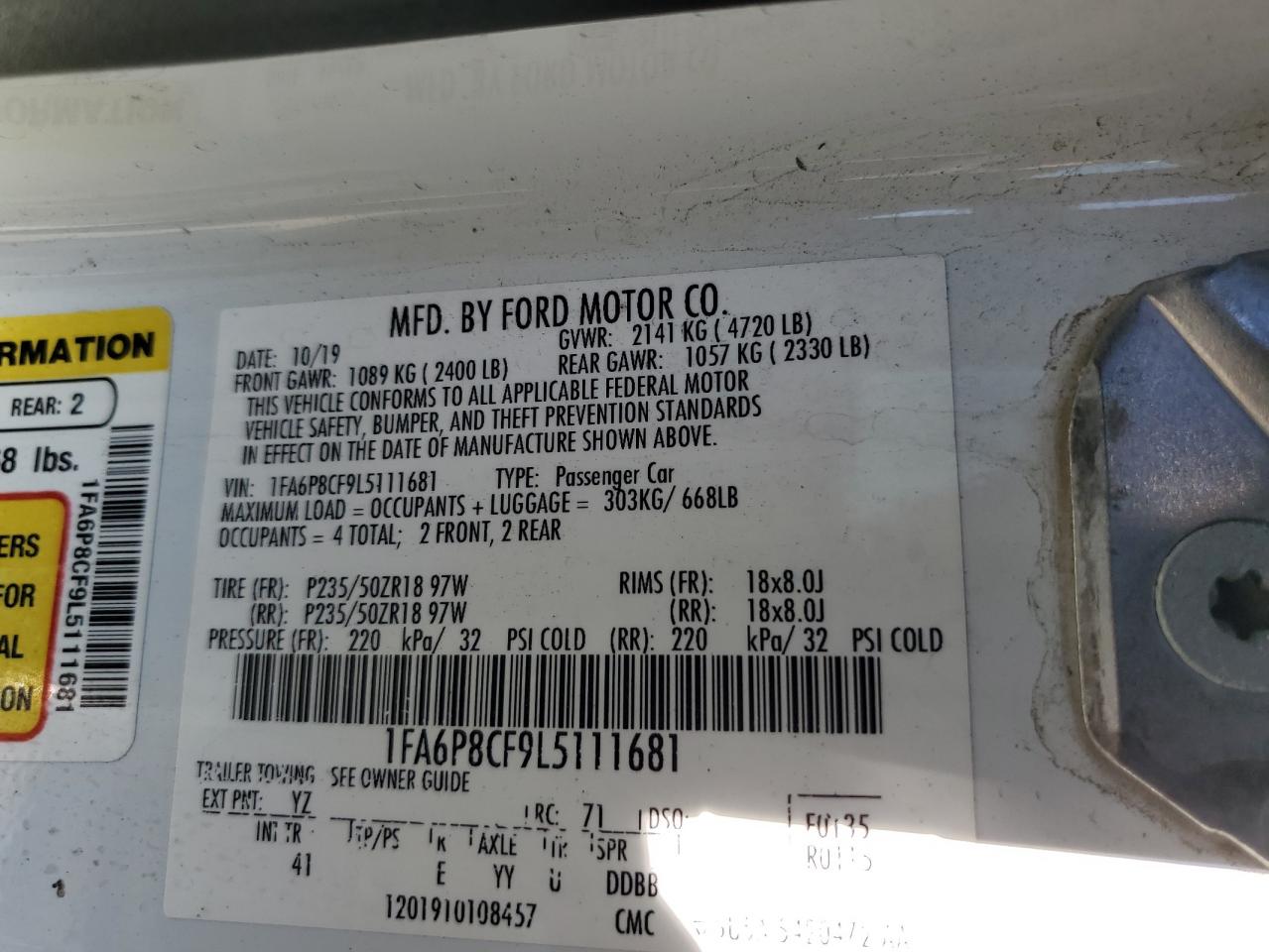 2020 Ford Mustang Gt VIN: 1FA6P8CF9L5111681 Lot: 82591055