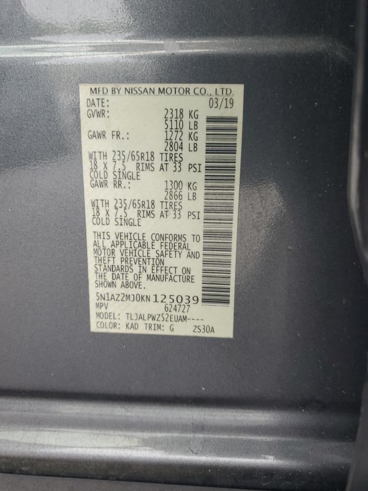 2019 Nissan Murano S VIN: 5N1AZ2MJ0KN125039 Lot: 85644175