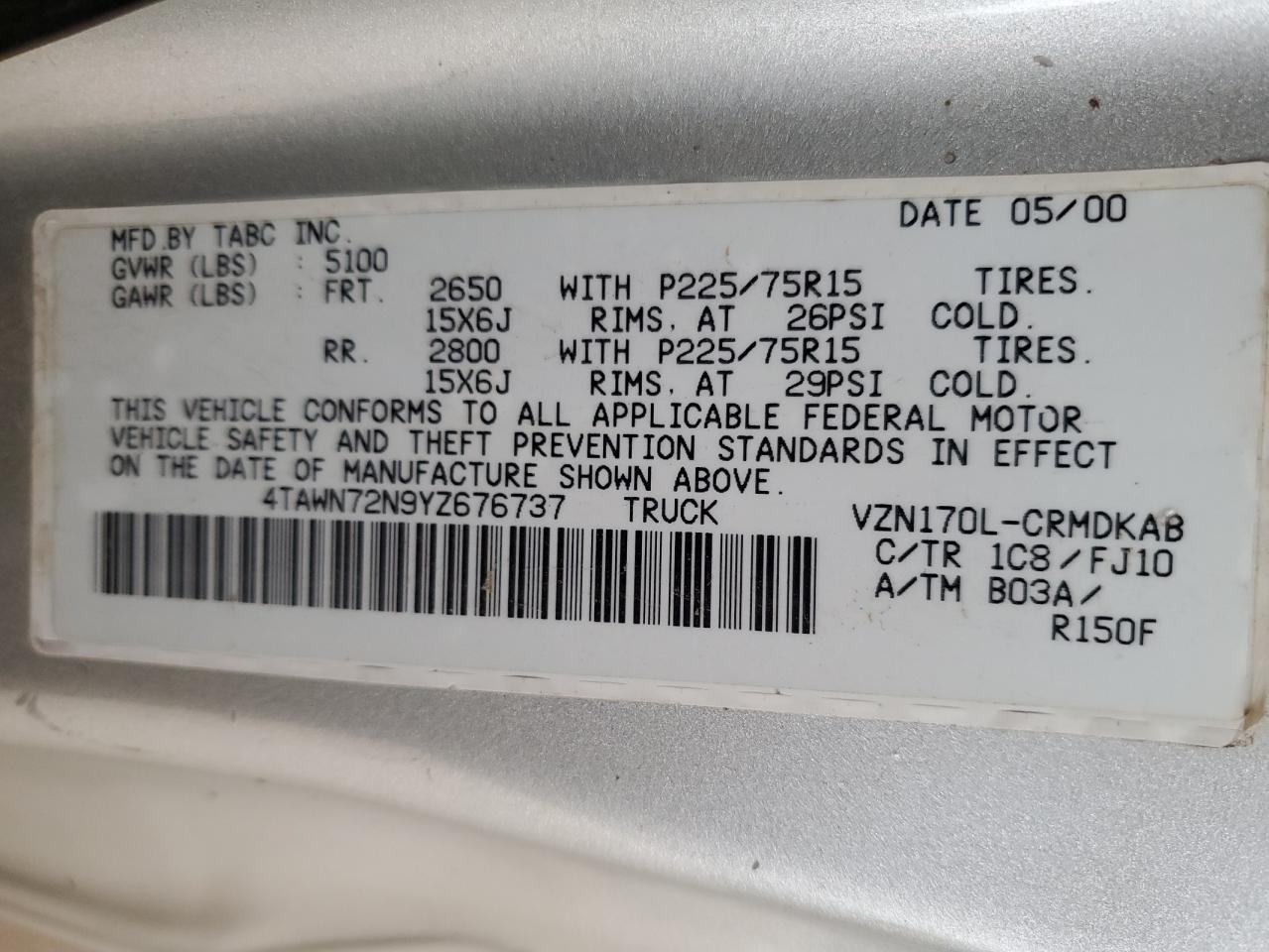 2000 Toyota Tacoma Xtracab VIN: 4TAWN72N9YZ676737 Lot: 86499615