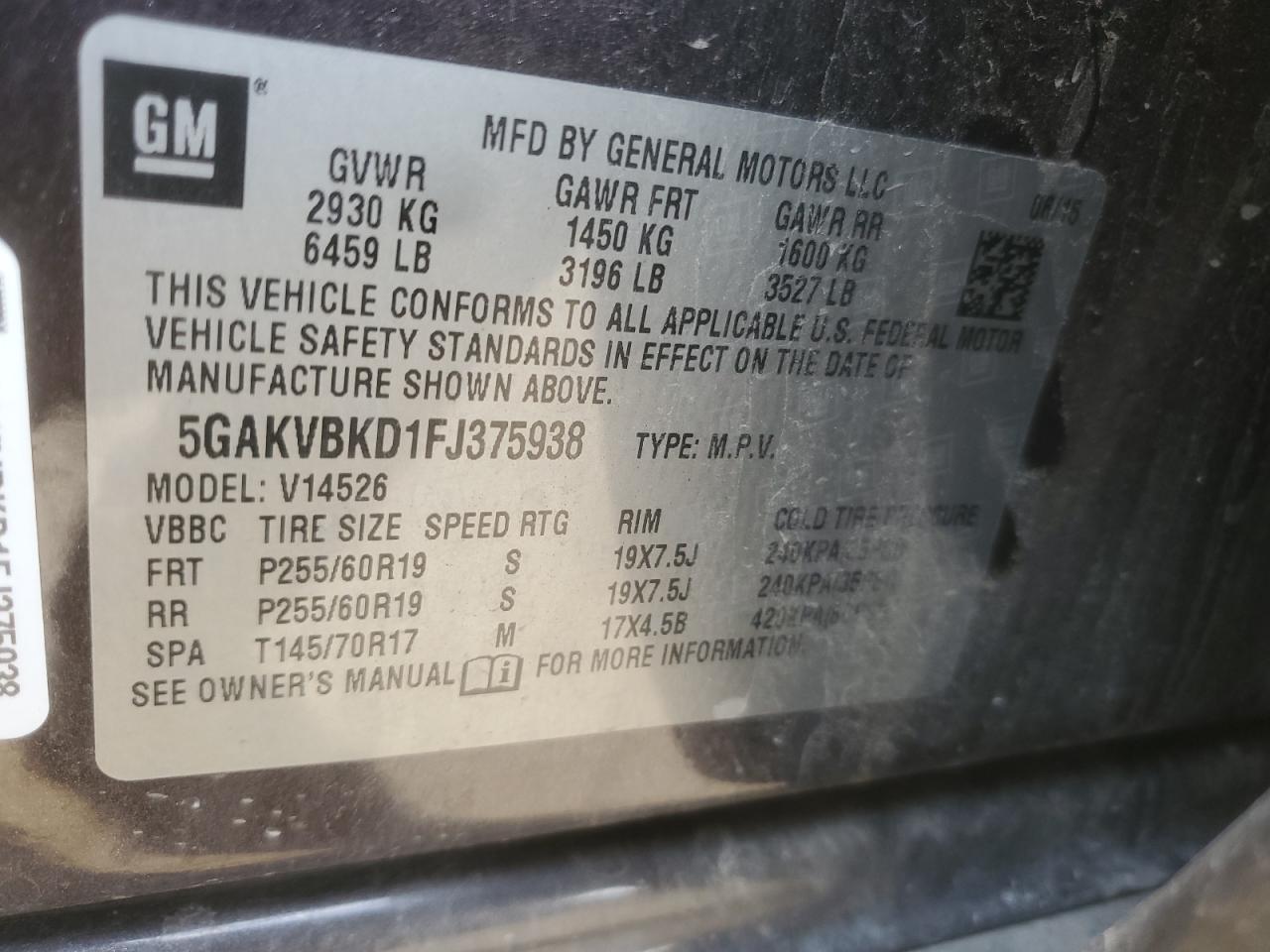 2015 Buick Enclave VIN: 5GAKVBKD1FJ375938 Lot: 85524435