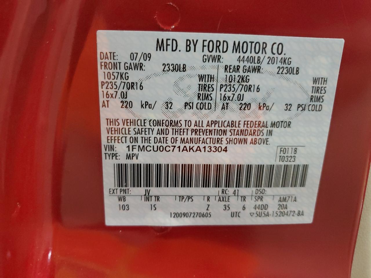 2010 Ford Escape Xls VIN: 1FMCU0C71AKA13304 Lot: 87457285