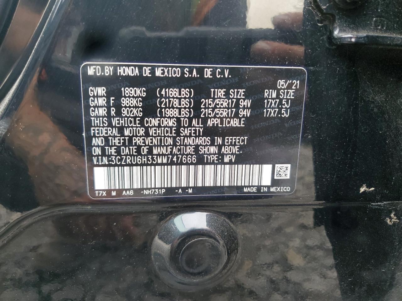 2021 Honda Hr-V Lx VIN: 3CZRU6H33MM747666 Lot: 84584575