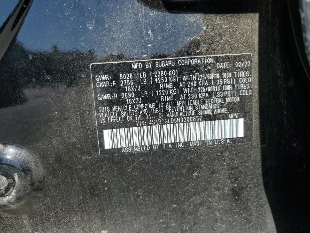 2022 Subaru Outback Onyx Edition Xt VIN: 4S4BTGLD6N3200857 Lot: 85004985