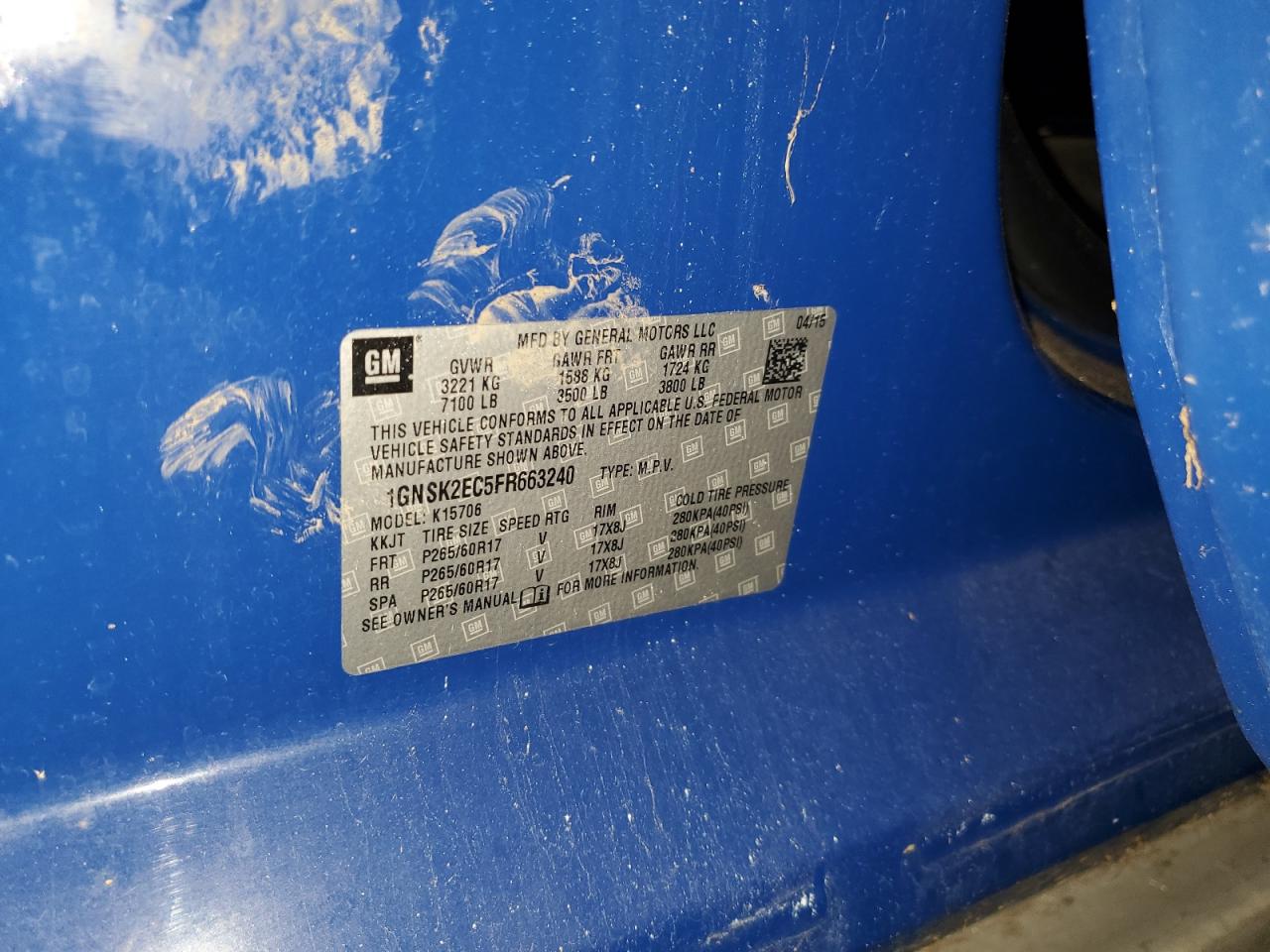 2015 Chevrolet Tahoe Police VIN: 1GNSK2EC5FR663240 Lot: 85144805