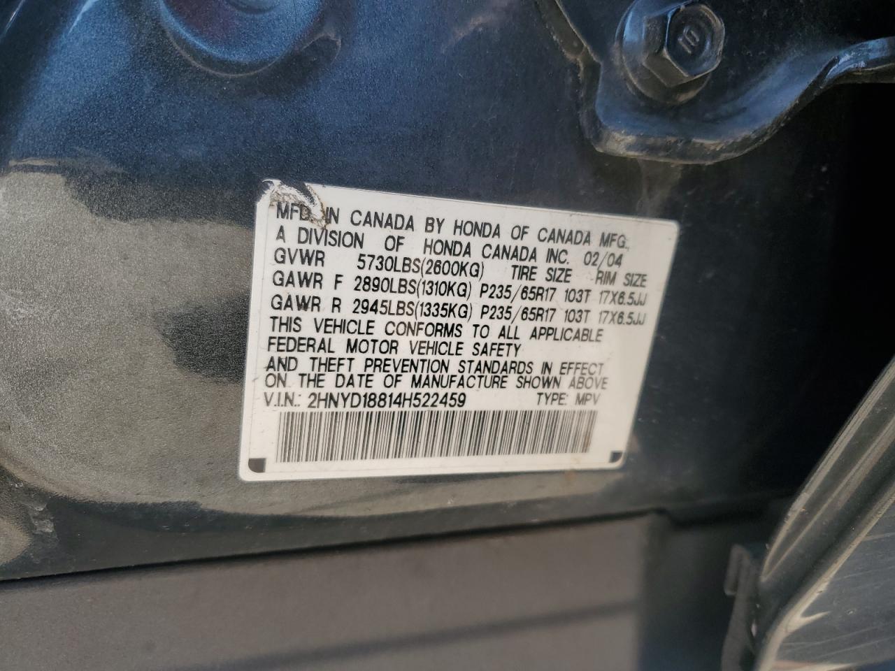 2004 Acura Mdx Touring VIN: 2HNYD18814H522459 Lot: 91107315