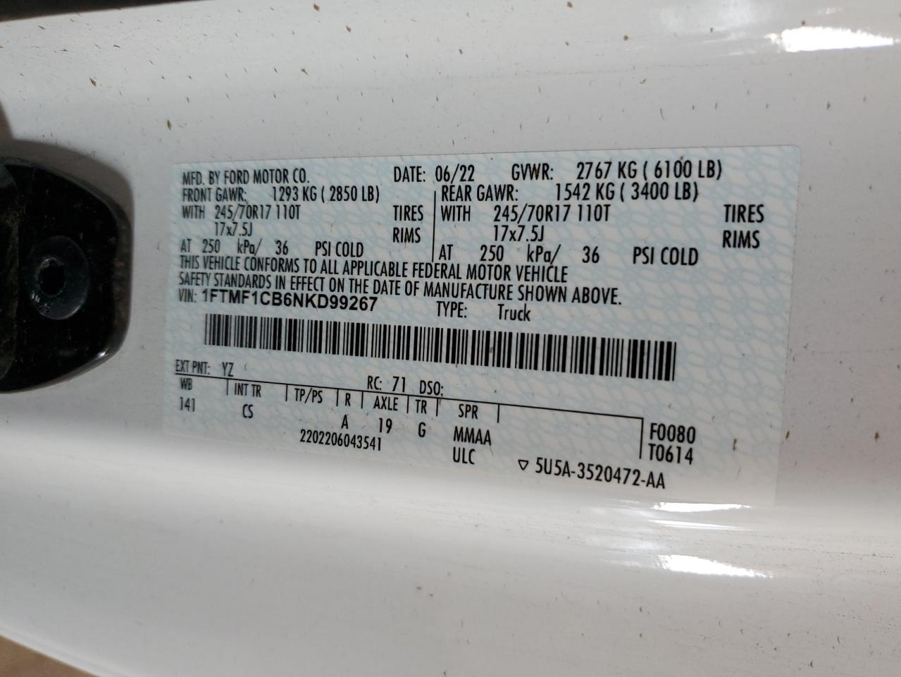 2022 Ford F150 VIN: 1FTMF1CB6NKD99267 Lot: 85145765