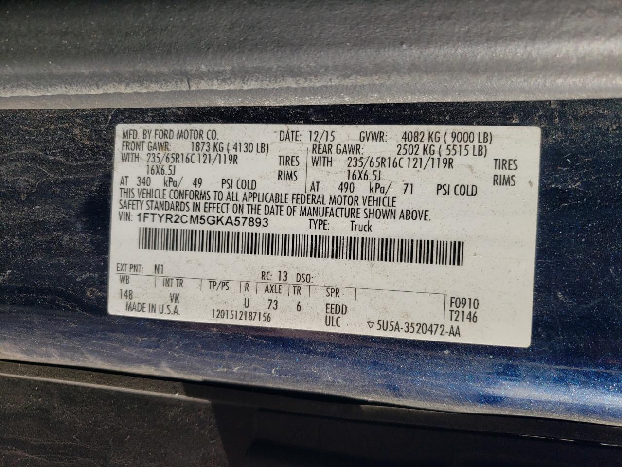 2016 Ford Transit T-250 VIN: 1FTYR2CM5GKA57893 Lot: 81937225