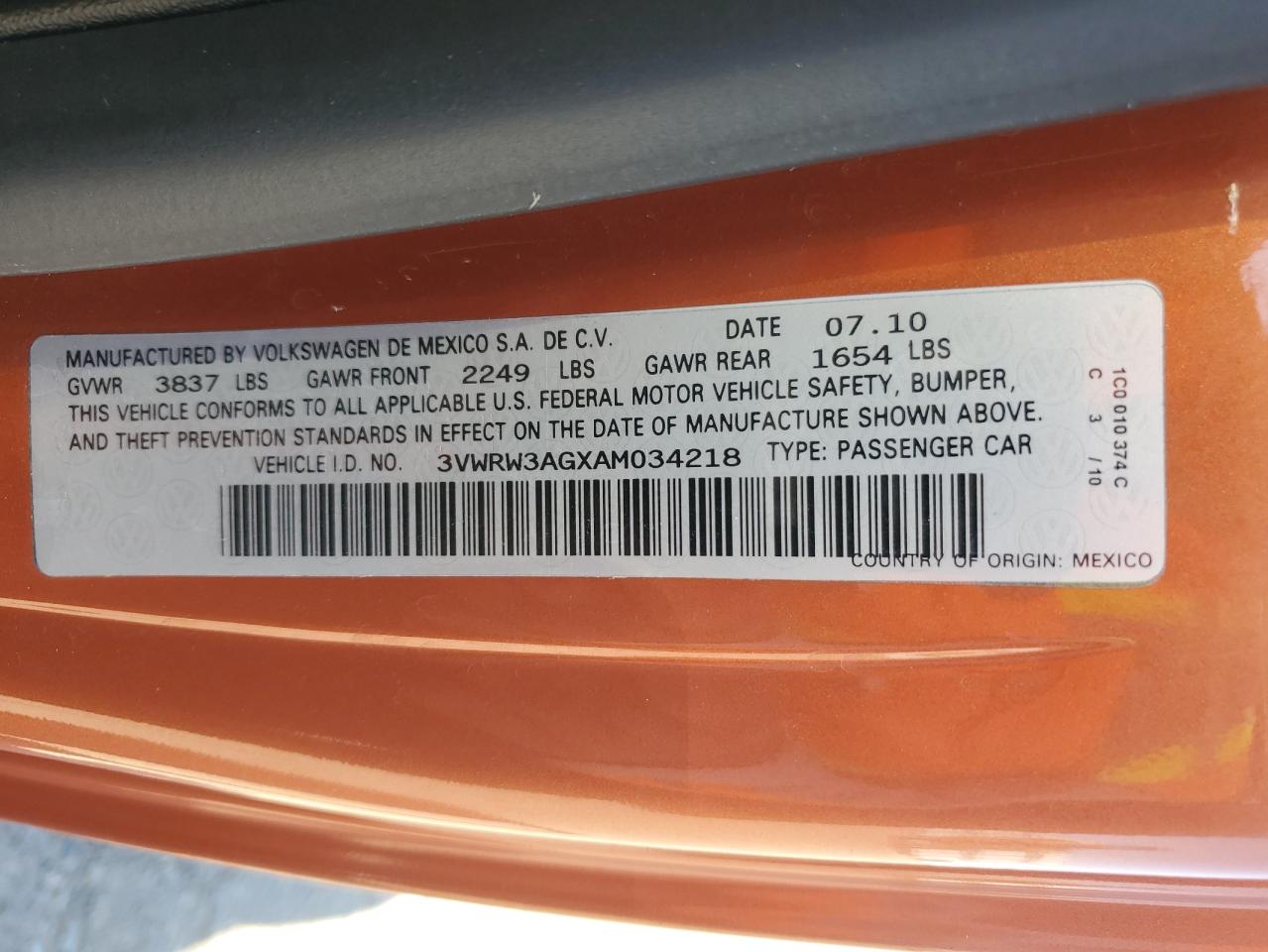 2010 Volkswagen New Beetle VIN: 3VWRW3AGXAM034218 Lot: 85505865