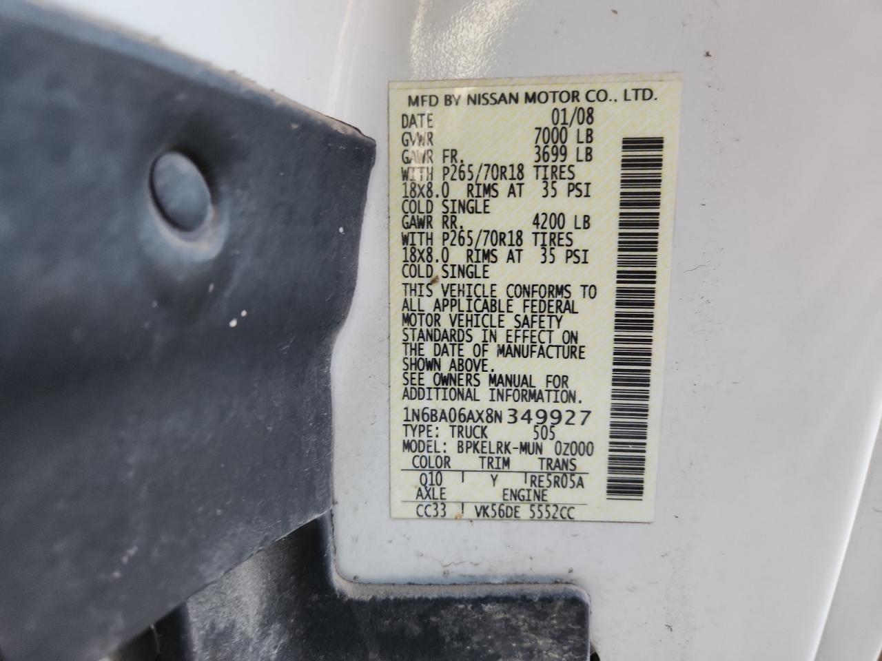 2008 Nissan Titan Xe VIN: 1N6BA06AX8N349927 Lot: 89696285