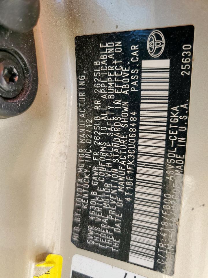 2012 Toyota Camry Base VIN: 4T1BF1FK3CU068484 Lot: 84946665