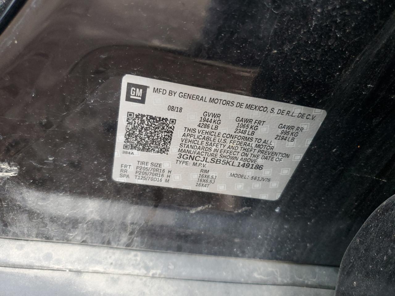 2019 Chevrolet Trax 1Lt VIN: 3GNCJLSB5KL149186 Lot: 87120165