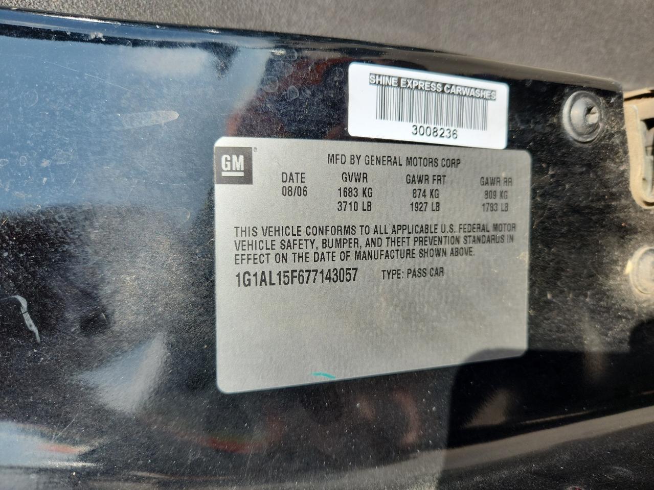 2007 Chevrolet Cobalt Lt VIN: 1G1AL15F677143057 Lot: 90096785