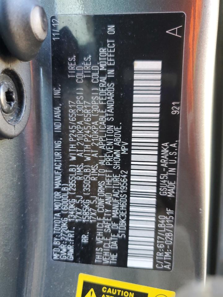 2013 Toyota Highlander Base VIN: 5TDBK3EH6DS195642 Lot: 84585445