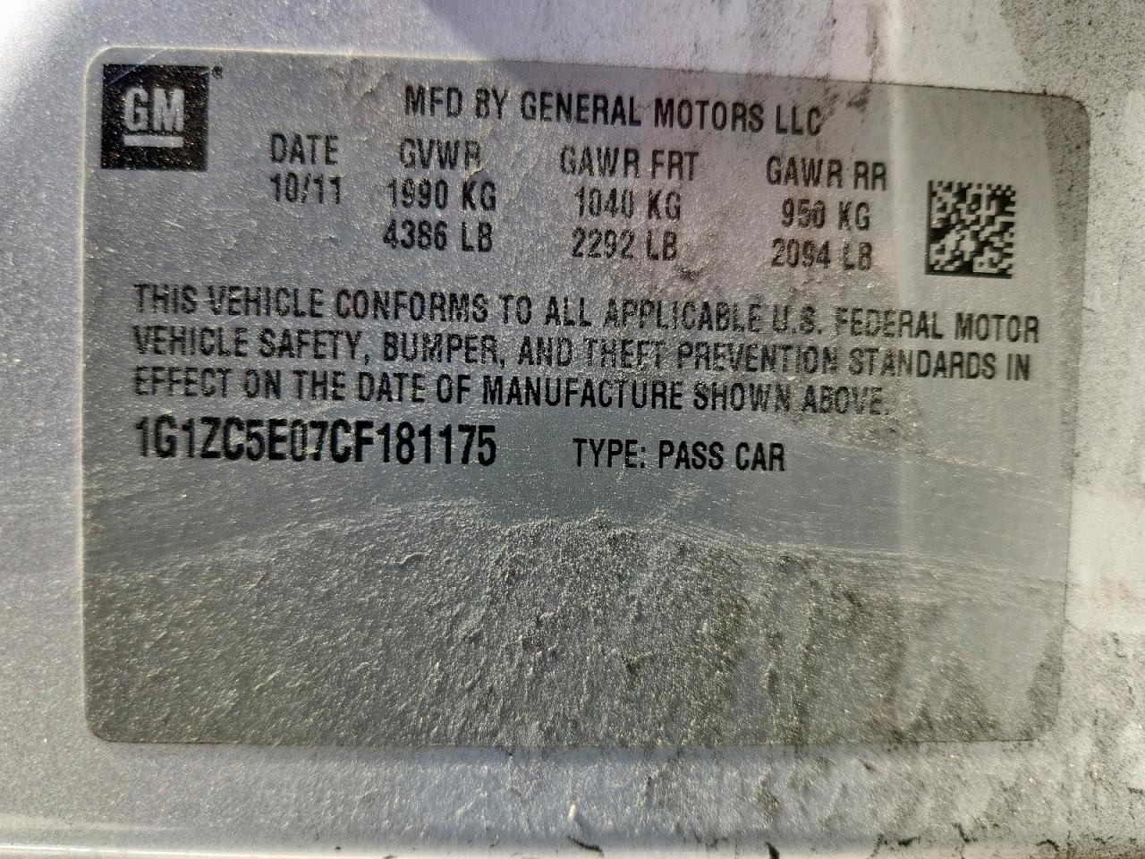 2012 Chevrolet Malibu 1Lt VIN: 1G1ZC5E07CF181175 Lot: 86310675