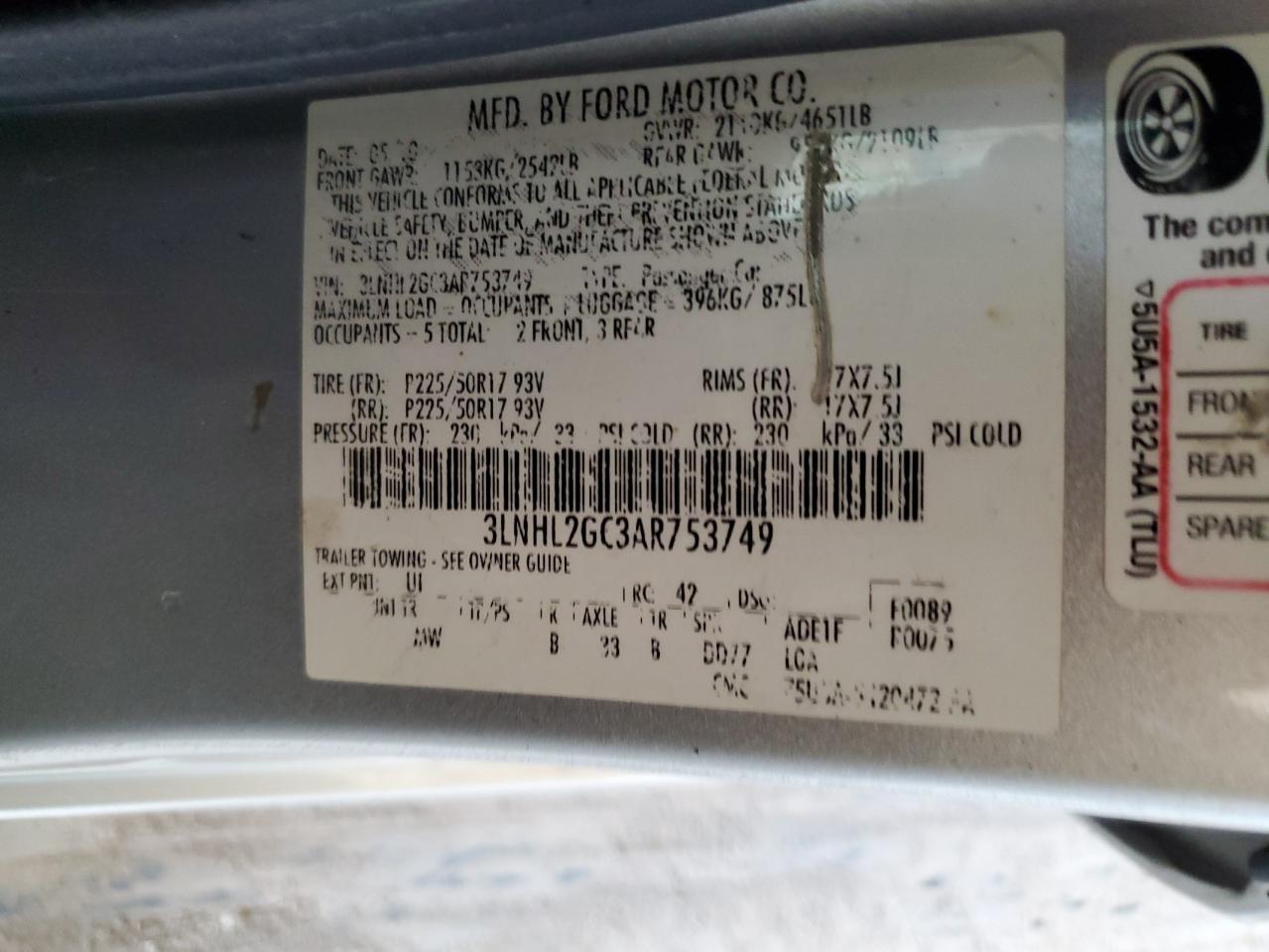 2010 Lincoln Mkz VIN: 3LNHL2GC3AR753749 Lot: 84914235