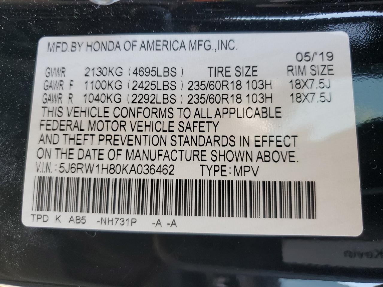 2019 Honda Cr-V Exl VIN: 5J6RW1H80KA036462 Lot: 84071765