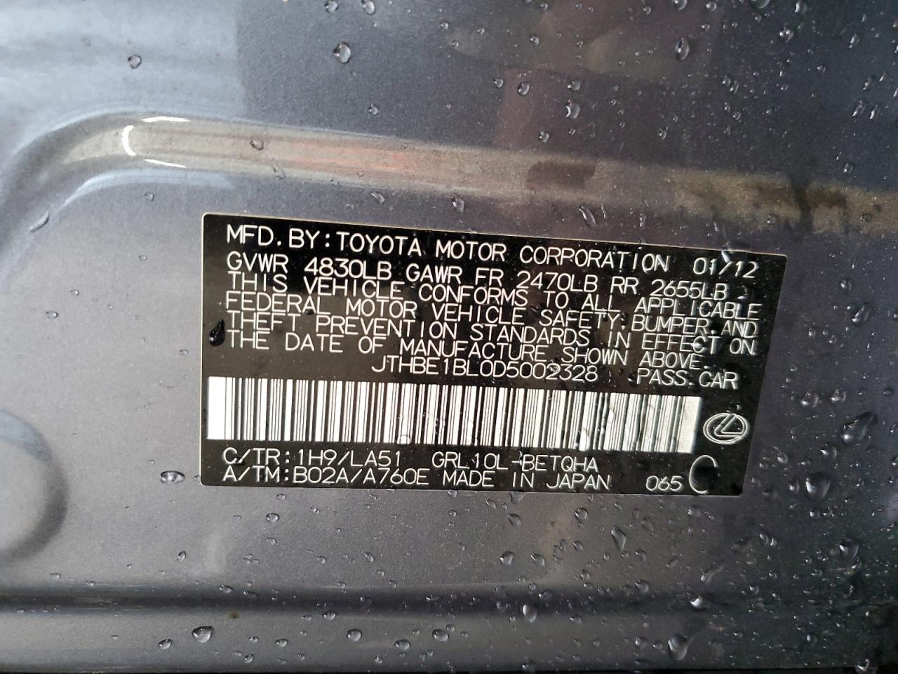 2013 Lexus Gs 350 VIN: JTHBE1BL0D5002328 Lot: 85730115