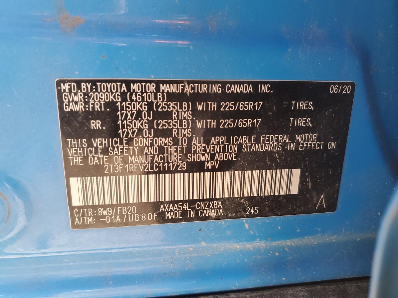 2020 Toyota Rav4 Le VIN: 2T3F1RFV2LC111729 Lot: 84712165