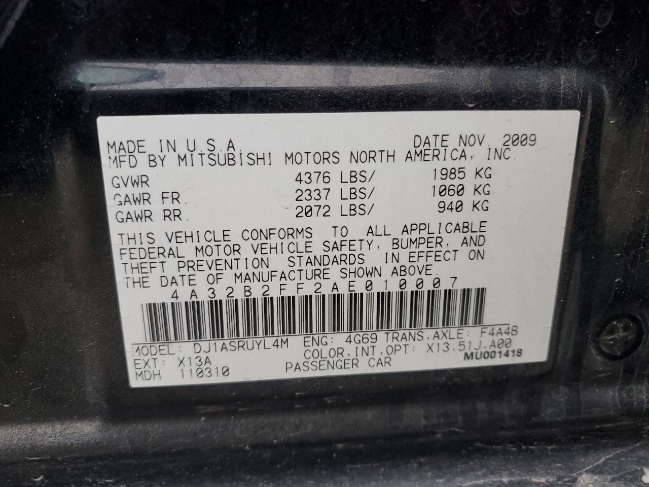 2010 Mitsubishi Galant Fe VIN: 4A32B2FF2AE010007 Lot: 85716795