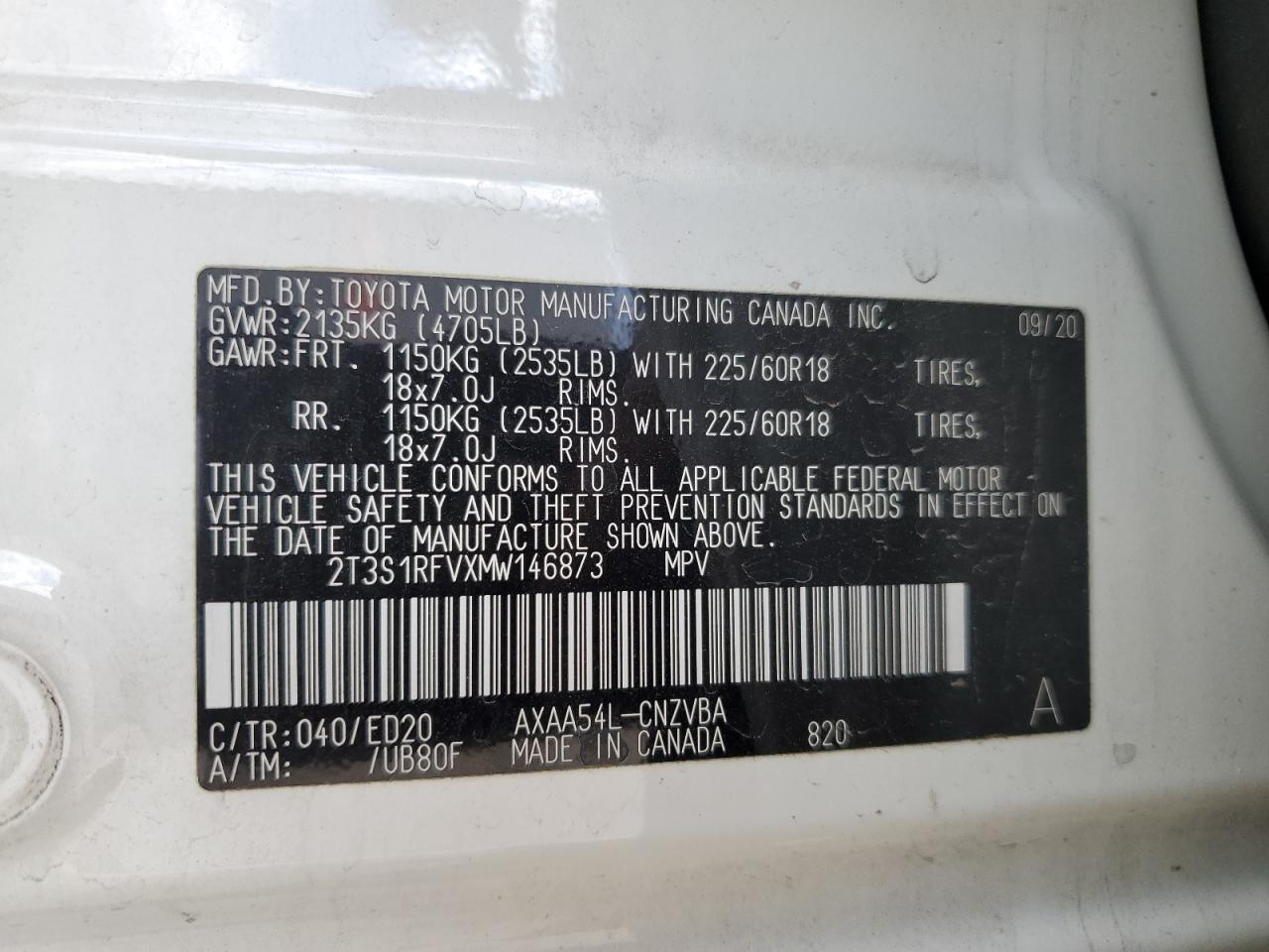 2021 Toyota Rav4 Trd Off Road VIN: 2T3S1RFVXMW146873 Lot: 85945515